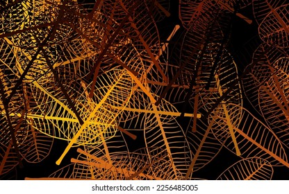 Dark Orange vector natural backdrop with leaves. Sketchy doodles with leaves on blurred background. Pattern for heads of websites, designs.