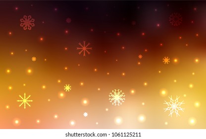 Dark Orange vector pattern with christmas snowflakes. Snow on blurred abstract background with gradient. New year design for your ad, poster, banner.