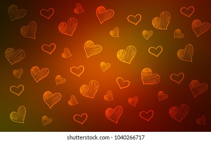 Dark Orange vector pattern with colorful hearts. Blurred decorative design in doodle style with hearts. Template for Valentine's greeting postcards.