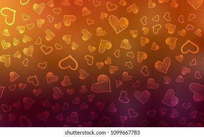 Dark Orange vector pattern with colorful hearts. Hearts on blurred abstract background with colorful gradient. Pattern for marriage gifts, congratulations.