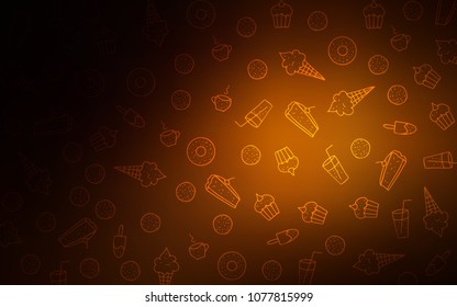 Dark Orange vector pattern with delicious cookies. Glitter abstract sketch with sweets, candies, desserts. Design for ad, poster, banner of cafes or restaurants.