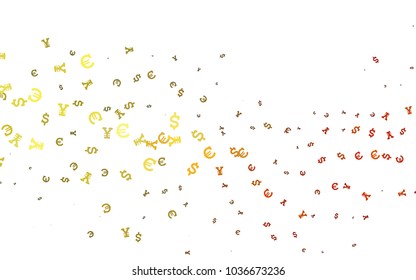 Dark Orange vector pattern with Euro, Dollar, Yen. Abstract illustration with colored financial digital symbols. Smart design for your business advert of economic, wealth.