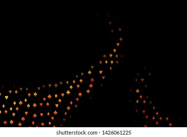 Dark Orange vector pattern with symbol of cards. Colored illustration with hearts, spades, clubs, diamonds. Template for business cards of casinos.