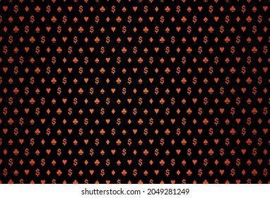 Dark orange vector pattern with symbol of cards. Glitter abstract sketch with isolated symbols of playing cards. Design for ad, poster, banner of gambling websites.