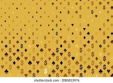 Dark orange vector pattern with symbol of cards. Blurred decorative design of hearts, spades, clubs, diamonds. Pattern for leaflets of poker games, events.