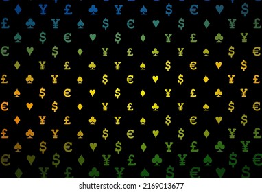 Dark orange vector pattern with symbol of cards. Shining illustration with hearts, spades, clubs, diamonds. Pattern for leaflets of poker games, events.