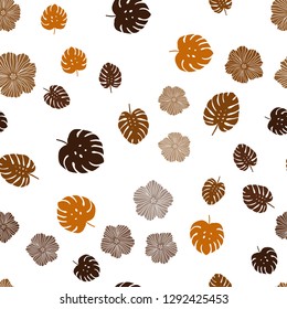 Dark Orange vector seamless abstract backdrop with flowers, leaves. Glitter abstract illustration with leaves and flowers. Template for business cards, websites.