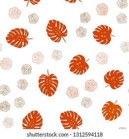 Dark Orange vector seamless abstract backdrop with flowers, leaves. Glitter abstract illustration with leaves and flowers. Template for business cards, websites.