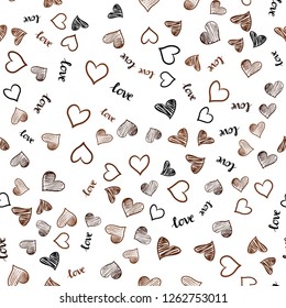 Dark Orange vector seamless backdrop with phrase LOVE YOU, hearts. Design in doodle style with text LOVE YOU, hearts. Pattern for design of fabric, wallpapers.