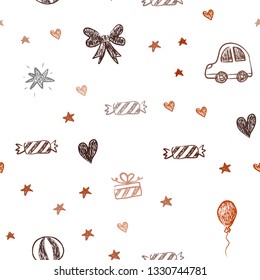 Dark Orange vector seamless backdrop with holiday gifts. Abstract illustration with a toy car, heart, baloon, tulip, candy, ball. Pattern for birthday gifts.