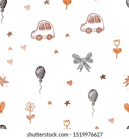 Dark Orange vector seamless backdrop with holiday gifts. Illustration with a colorful toy car, heart, baloon, tulip, candy, ball. Pattern for new year ads.