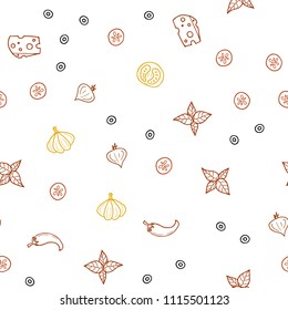 Dark Orange vector seamless background with tasty food. Blurred decorative design of snacks in doodle style. Pattern for ads of breakfast, lunch, dinner.
