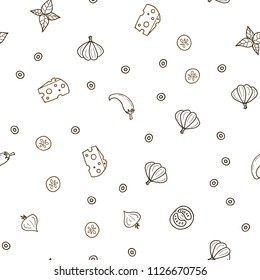 Dark Orange vector seamless background with tasty food. Beautiful colored illustration with food in doodle style. Template for meal cooking in kitchen.