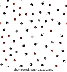 Dark Orange vector seamless background with coffee, beans. Decorative gradient design of coffee cups and beans. Template of a black hot beverage in a cafe.
