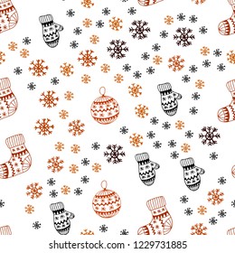 Dark Orange vector seamless background with xmas snowflakes, balls, socks, mittens. Colorful xmas elements with gradient. Design for wallpaper, fabric makers.