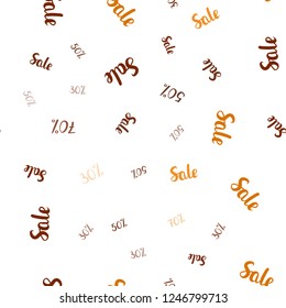 Dark Orange vector seamless background with 30, 50, 70 % signs of sales. Colored words of sales with gradient on white background. Pattern for ads, posters, banners of sales.