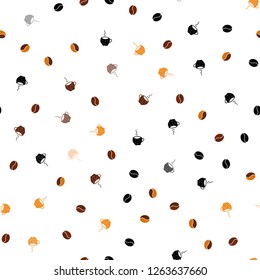 Dark Orange vector seamless background with coffee, beans. Decorative gradient design of coffee cups and beans. Pattern for ads of breakfast, lunch, dinner.