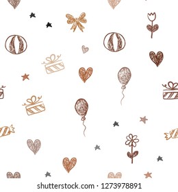 Dark Orange vector seamless background in xmas style. Illustration with a colorfulheart, baloon, candy, gift, star, ribbon. Pattern for birthday gifts.