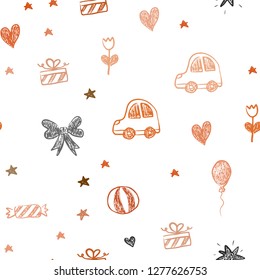 Dark Orange vector seamless background with xmas attributes. Abstract illustration with a toy car, heart, baloon, tulip, candy, ball. Pattern for carnival, festival ads.