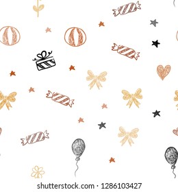 Dark Orange vector seamless background in xmas style. Illustration with a colorfulheart, baloon, candy, gift, star, ribbon. Pattern for birthday gifts.