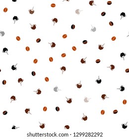 Dark Orange vector seamless background with coffee, beans. Glitter abstract backdrop with gradient mugs, coffee grains. Pattern for ads of breakfast, lunch, dinner.