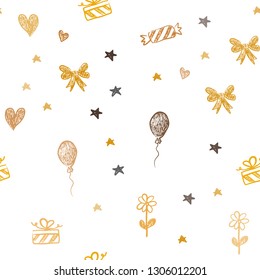 Dark Orange vector seamless background in xmas style. Shining illustration with aheart, baloon, candy, gift, star, ribbon. Design for holiday adverts.