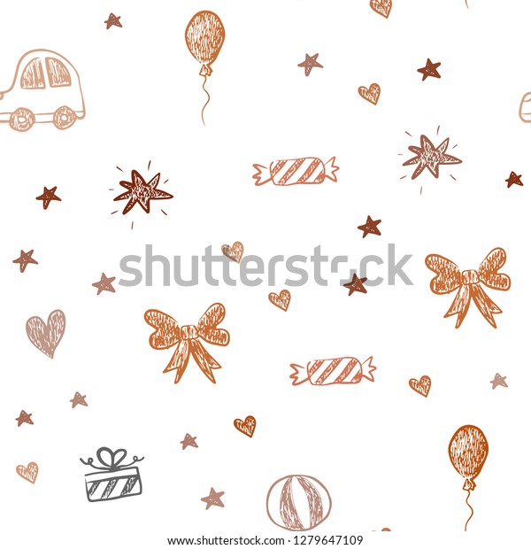 Dark Orange vector seamless\
background with xmas attributes. Design in xmas style with a toy\
car, heart, baloon, tulip, candy, ball. Design for holiday\
adverts.