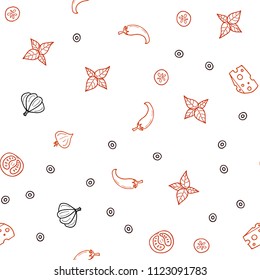 Dark Orange vector seamless cover with cuisine gourmet. Illustration with set of fresh food in doodle style. Design for ad, poster, banner of cafes or restaurants.