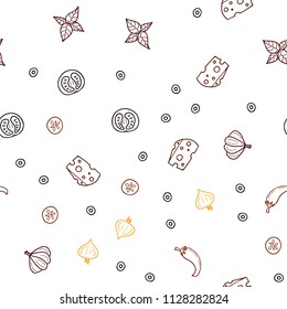 Dark Orange vector seamless cover with cuisine gourmet. Beautiful colored illustration with food in doodle style. Design for ad, poster, banner of cafes or restaurants.