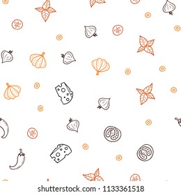 Dark Orange vector seamless cover with cuisine gourmet. Beautiful colored illustration with food in doodle style. Pattern for ad, booklets, leaflets of restaurants.