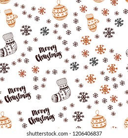 Dark Orange vector seamless cover with beautiful snowflakes, balls, socks, mittens. Glitter abstract illustration with gradient. Design for wallpaper, fabric makers.