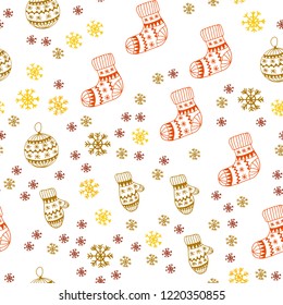 Dark Orange vector seamless cover with beautiful snowflakes, balls, socks, mittens. Colorful decorative design in xmas style. Pattern for trendy fabric, wallpapers.