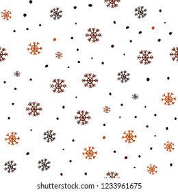 Dark Orange vector seamless cover with beautiful snowflakes. Colorful decorative design in xmas style with snow. Pattern for trendy fabric, wallpapers.