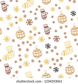 Dark Orange vector seamless cover with beautiful snowflakes, balls, socks, mittens. Colorful decorative design in xmas style. Design for wallpaper, fabric makers.