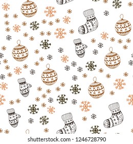 Dark Orange vector seamless cover with beautiful snowflakes, balls, socks, mittens. Shining colorful illustration in christmas style. Design for textile, fabric, wallpapers.