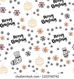 Dark Orange vector seamless cover with beautiful snowflakes, balls, socks, mittens. Shining colorful illustration in christmas style. Design for textile, fabric, wallpapers.