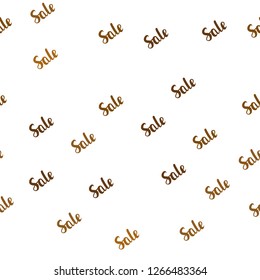 Dark Orange vector seamless cover with symbols of sales. Colored words of sales with gradient on white background. Design for business ads, commercials.