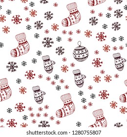 Dark Orange vector seamless cover with beautiful snowflakes, balls, socks, mittens. Shining colorful illustration in christmas style. Design for textile, fabric, wallpapers.