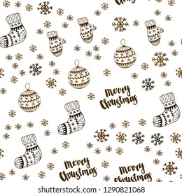 Dark Orange vector seamless cover with beautiful snowflakes, balls, socks, mittens. Colorful decorative design in xmas style. Template for business cards, websites.