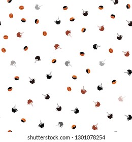 Dark Orange vector seamless cover with set of coffee beans. Colorful illustration with gradient coffee beans, mugs. Template of a black hot beverage in a cafe.