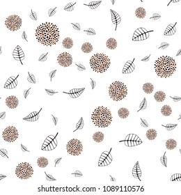 Dark Orange vector seamless doodle background with leaves and flowers. Sketchy doodles on white background. Completely new template for your design.