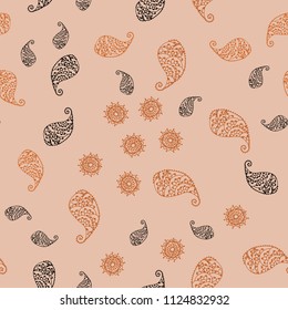 Dark Orange vector seamless doodle backdrop with leaves and flowers. Decorative design in Indian style on white background. Textured pattern for a website, banner.