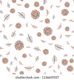 Dark Orange vector seamless doodle background with leaves and flowers. Shining colored illustration with leaves and flowers. Brand new style for your business design.
