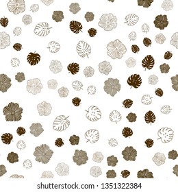 Dark Orange vector seamless doodle pattern with leaves, flowers. Doodle illustration of leaves and flowers in Origami style. Texture for window blinds, curtains.