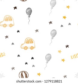 Dark Orange vector seamless layout in new year style. Colorful illustration with a toy car, baloon, candy, star, ball. Design for colorful commercials.