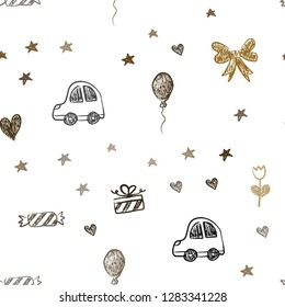 Dark Orange vector seamless layout with new year gifts. Illustration with a colorful toy car, heart, baloon, tulip, candy, ball. Pattern for carnival, festival ads.