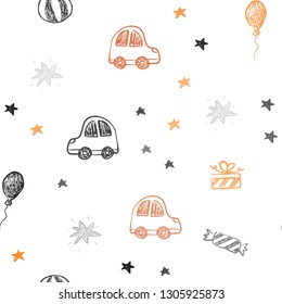 Dark Orange vector seamless layout in new year style. Colorful illustration with a toy car, baloon, candy, star, ball. Template for new year postcards.