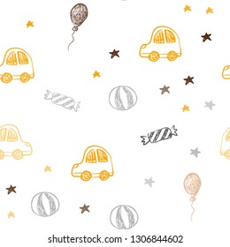 Dark Orange vector seamless layout in new year style. Illustration with a gradient toy car, baloon, candy, star, ball. Design for holiday adverts.