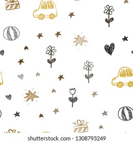 Dark Orange vector seamless layout with new year gifts. Illustration with a gradient toy car, heart, baloon, tulip, candy, ball. Pattern for birthday gifts.