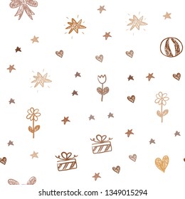 Dark Orange vector seamless layout with new year gifts. Illustration with a colorful toy car, heart, baloon, tulip, candy, ball. Template for new year postcards.